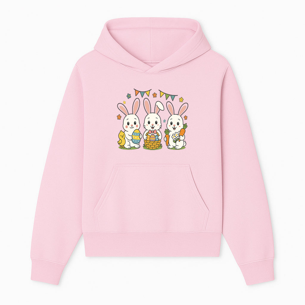 Easter Bunny Celebration Art Print | Cute Bunnies with Eggs, Carrots & Chick | Spring Holiday Decor for Kids' Rooms - Hoodie 1758250129129.jpg
