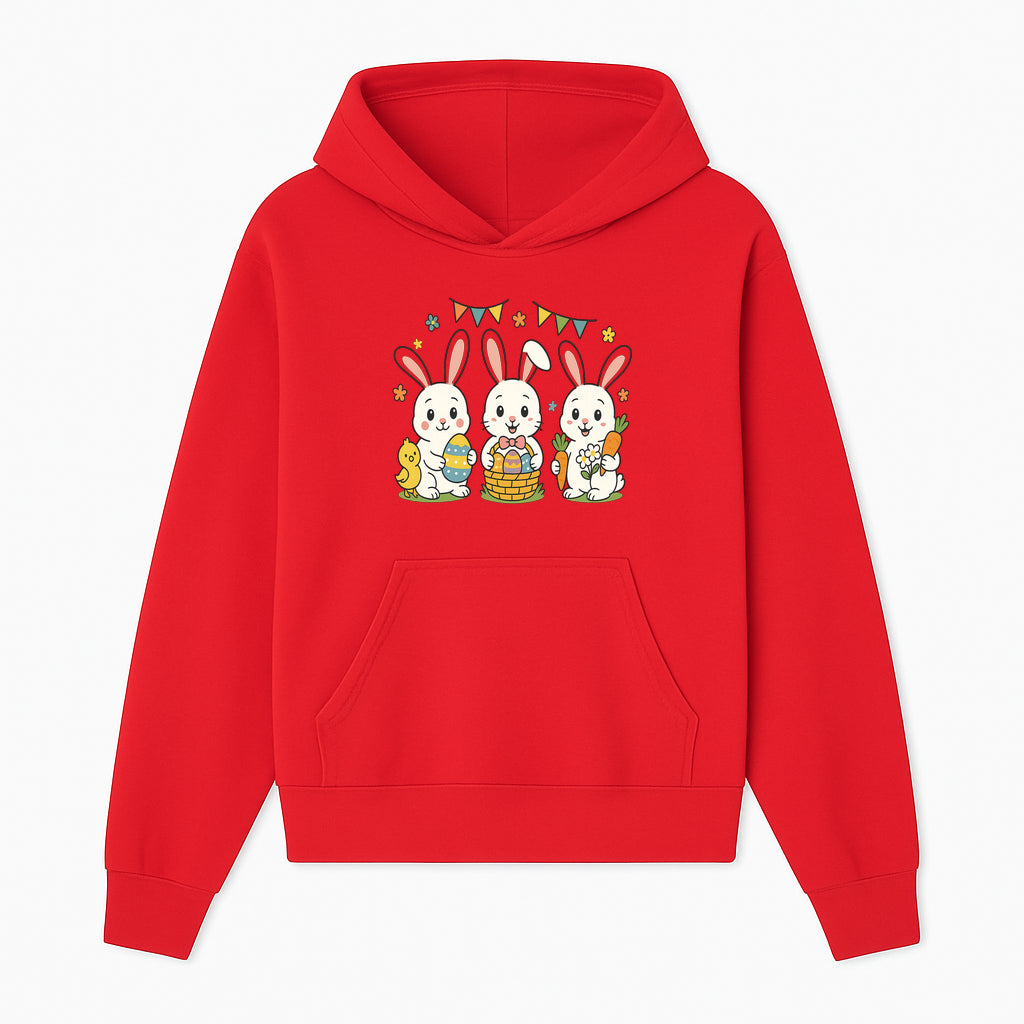 Easter Bunny Celebration Art Print | Cute Bunnies with Eggs, Carrots & Chick | Spring Holiday Decor for Kids' Rooms - Hoodie 1758250129543.jpg