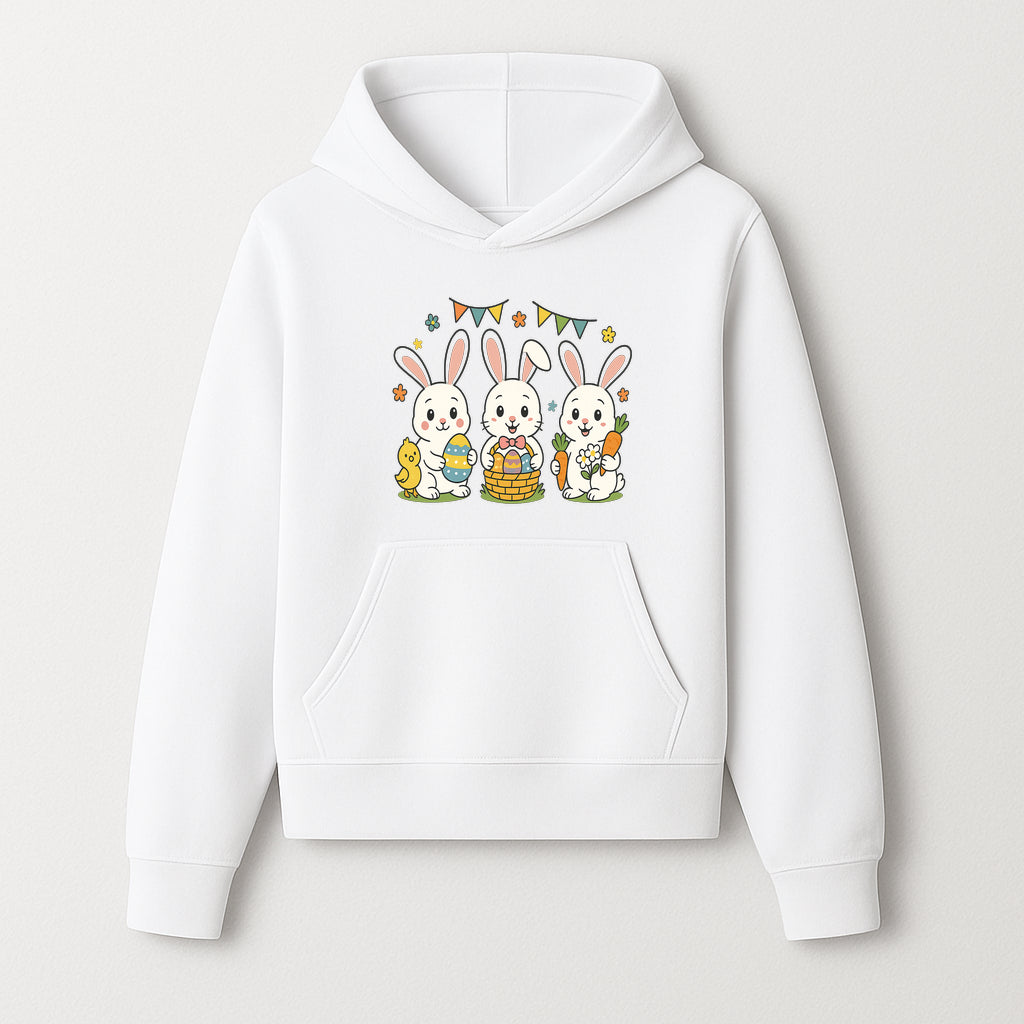Easter Bunny Celebration Art Print | Cute Bunnies with Eggs, Carrots & Chick | Spring Holiday Decor for Kids' Rooms - Hoodie 1758250129844.jpg