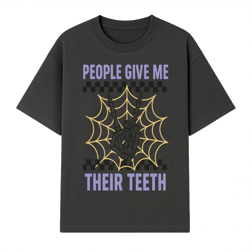 Spooky Skeleton Hand Art Print - 'People Give Me Their Teeth' Gothic Decor, Halloween Wall Art, Unique Gift Idea - T-shirt 1758250130845.jpg