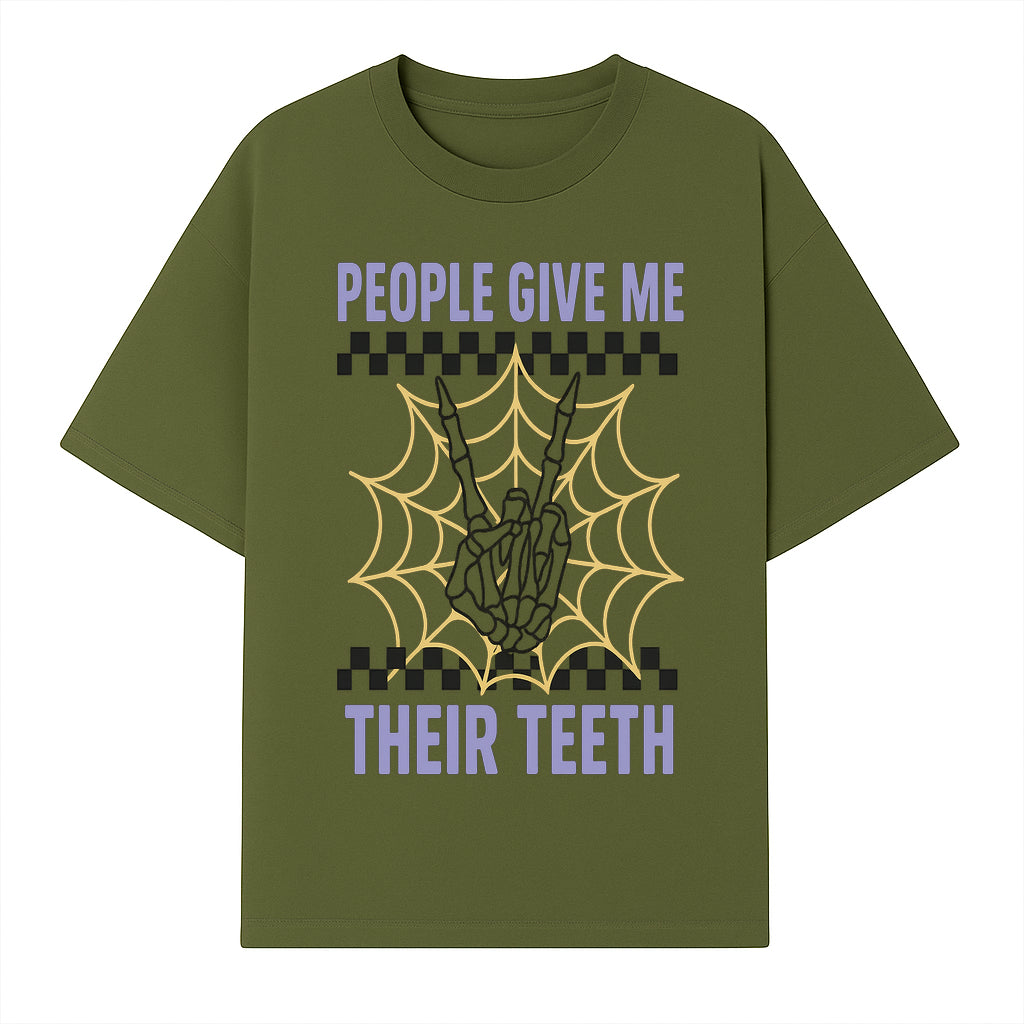 Spooky Skeleton Hand Art Print - 'People Give Me Their Teeth' Gothic Decor, Halloween Wall Art, Unique Gift Idea - T-shirt 1758250130996.jpg