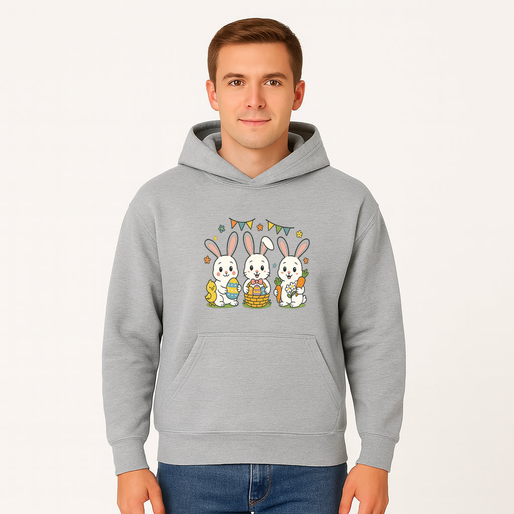 Easter Bunny Celebration Art Print | Cute Bunnies with Eggs, Carrots & Chick | Spring Holiday Decor for Kids' Rooms - Hoodie 1758250130998.jpg