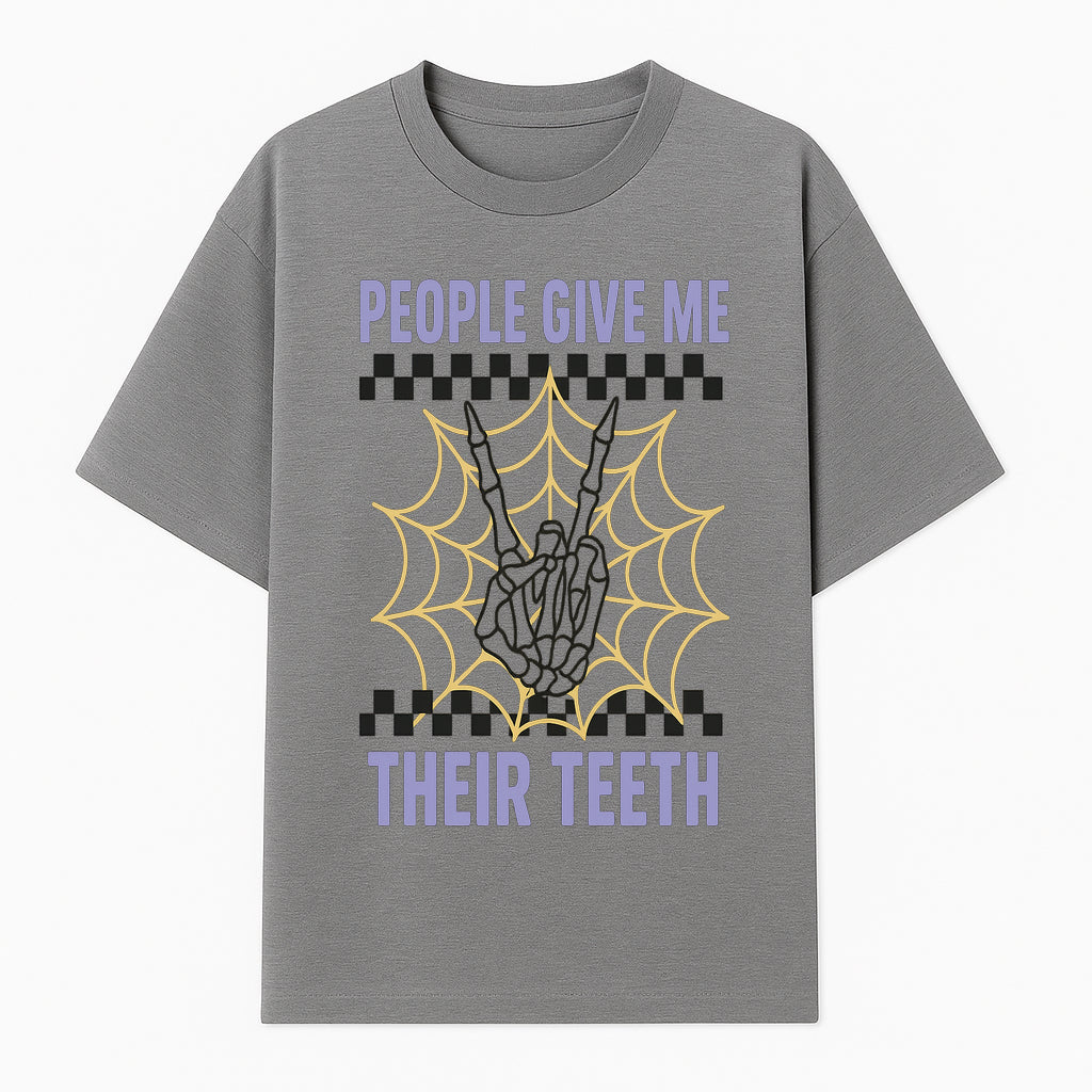 Spooky Skeleton Hand Art Print - 'People Give Me Their Teeth' Gothic Decor, Halloween Wall Art, Unique Gift Idea - T-shirt 1758250131135.jpg