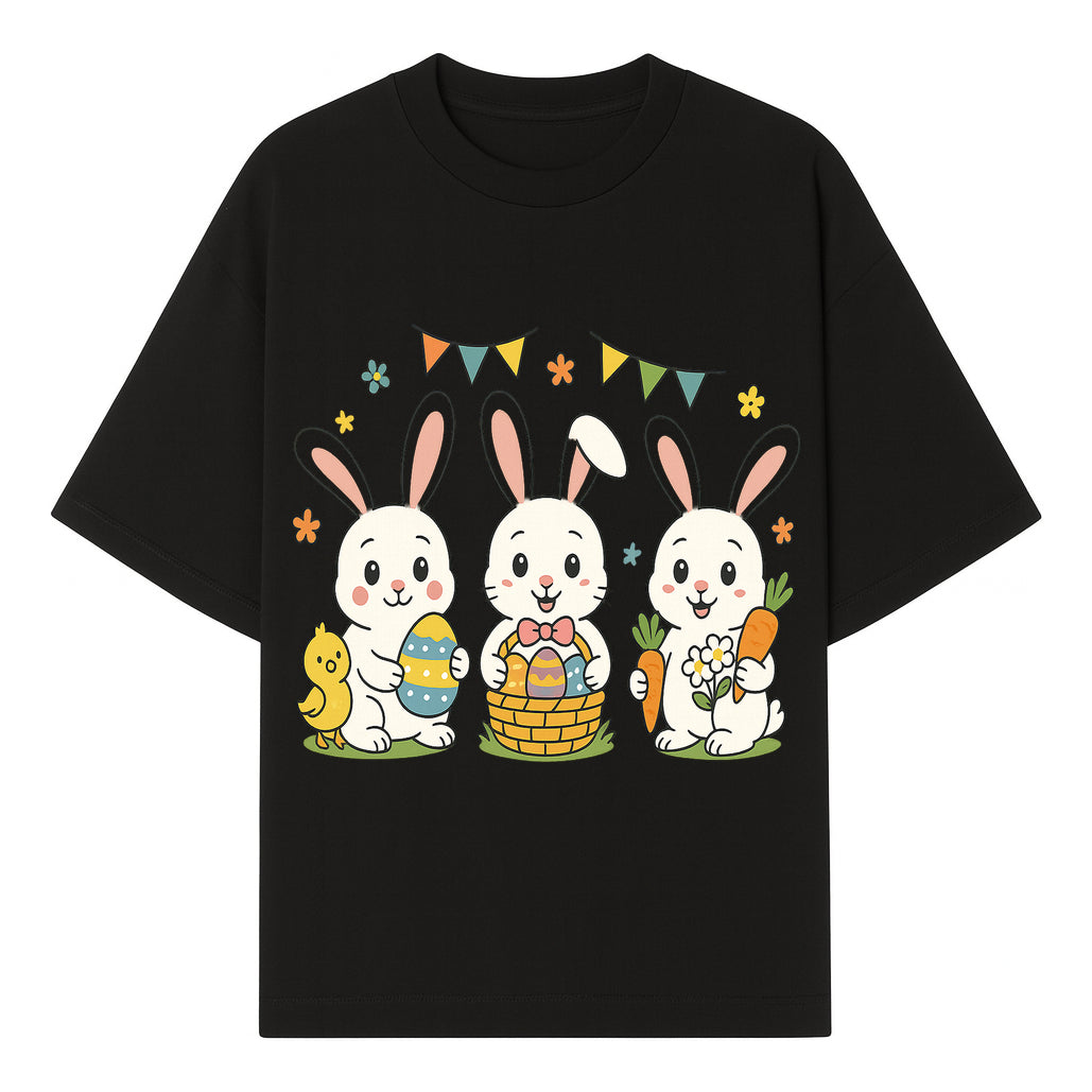 Easter Bunny Celebration Art Print | Cute Bunnies with Eggs, Carrots & Chick | Spring Holiday Decor for Kids' Rooms - T-shirt 1758250131474.jpg