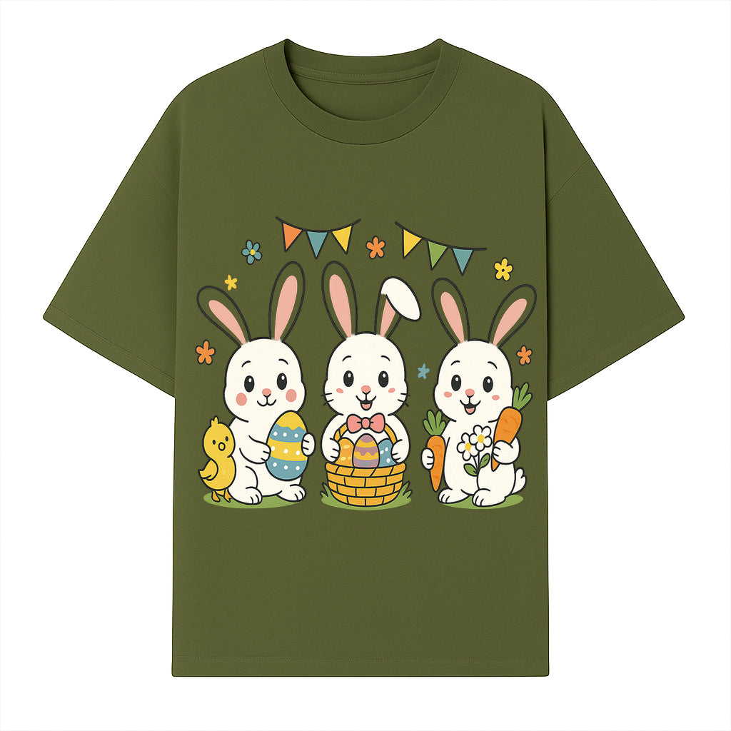 Easter Bunny Celebration Art Print | Cute Bunnies with Eggs, Carrots & Chick | Spring Holiday Decor for Kids' Rooms - T-shirt 1758250131773.jpg