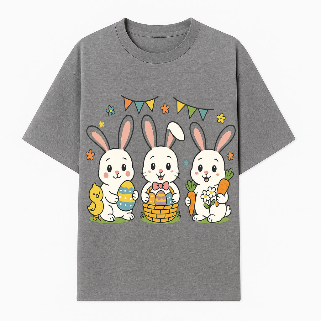 Easter Bunny Celebration Art Print | Cute Bunnies with Eggs, Carrots & Chick | Spring Holiday Decor for Kids' Rooms - T-shirt 1758250131916.jpg