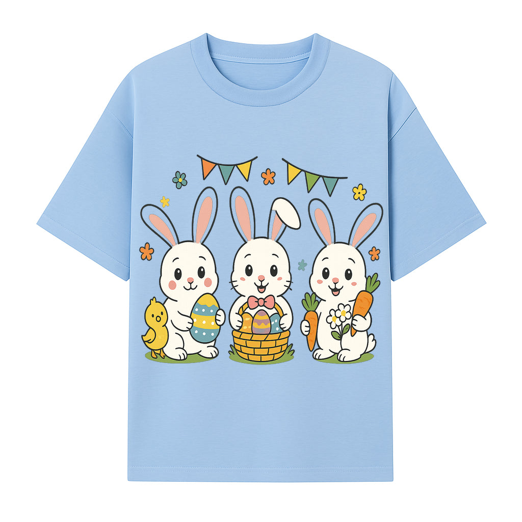 Easter Bunny Celebration Art Print | Cute Bunnies with Eggs, Carrots & Chick | Spring Holiday Decor for Kids' Rooms - T-shirt 1758250132068.jpg