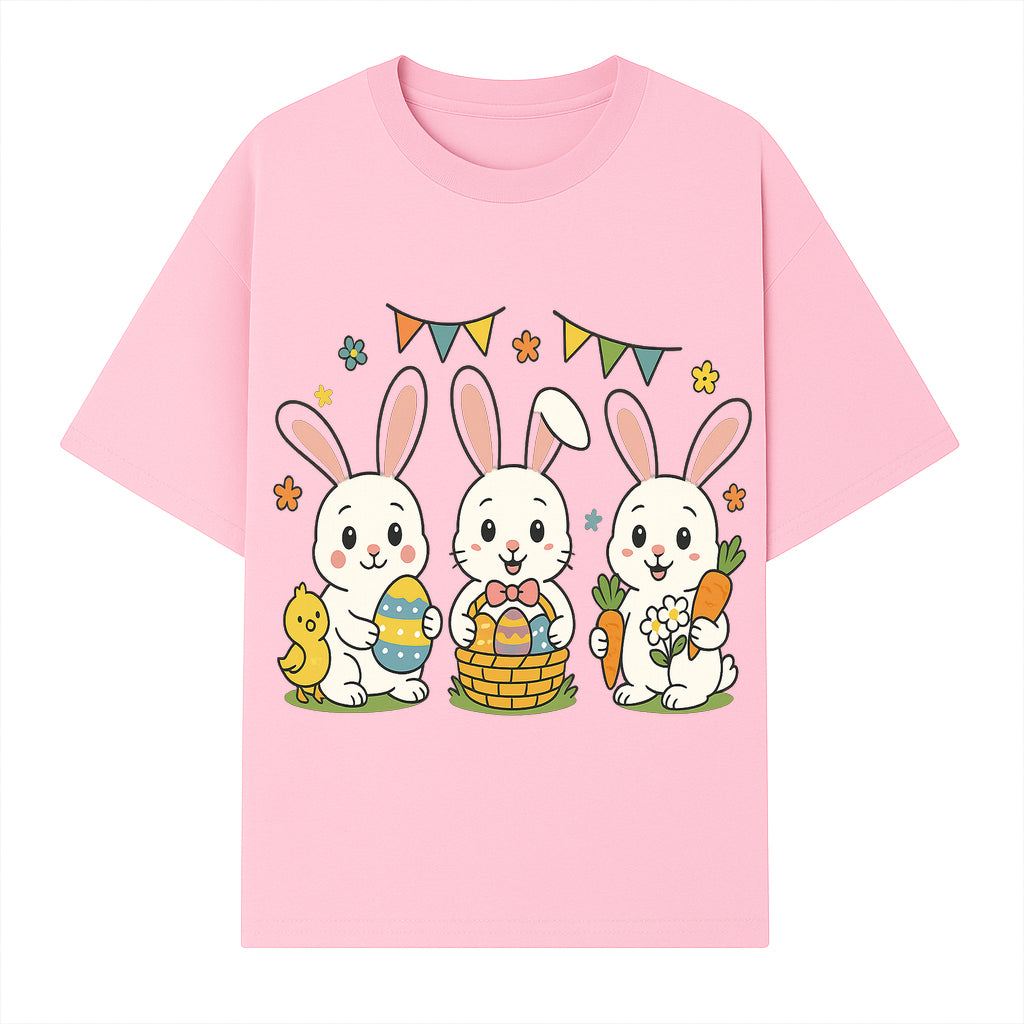 Easter Bunny Celebration Art Print | Cute Bunnies with Eggs, Carrots & Chick | Spring Holiday Decor for Kids' Rooms - T-shirt 1758250132215.jpg