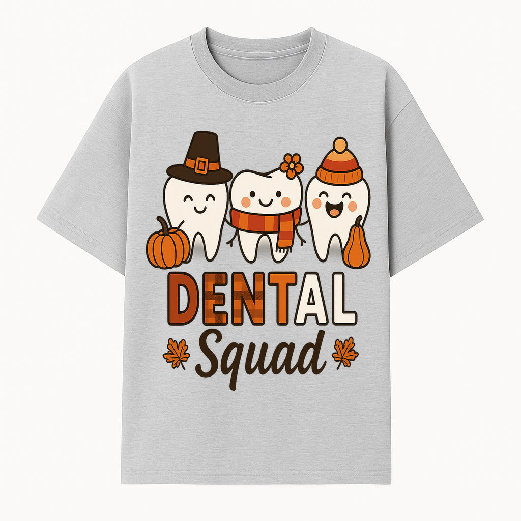 Cute Dental Squad Fall Design, Adorable Tooth Characters with Pumpkin, Autumn Themed, Kids Dental Health Awareness Art Print - T-shirt 1758250132275.jpg