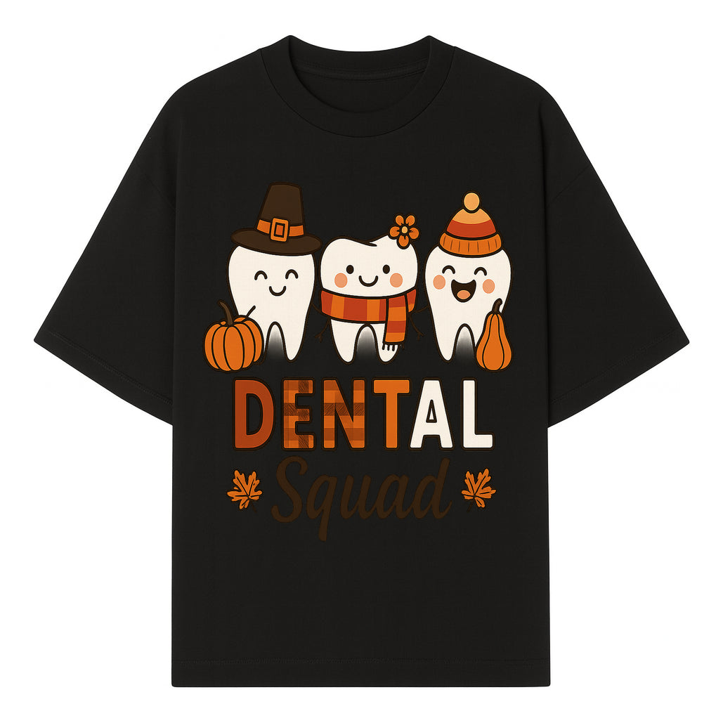 Cute Dental Squad Fall Design, Adorable Tooth Characters with Pumpkin, Autumn Themed, Kids Dental Health Awareness Art Print - T-shirt 1758250132463.jpg