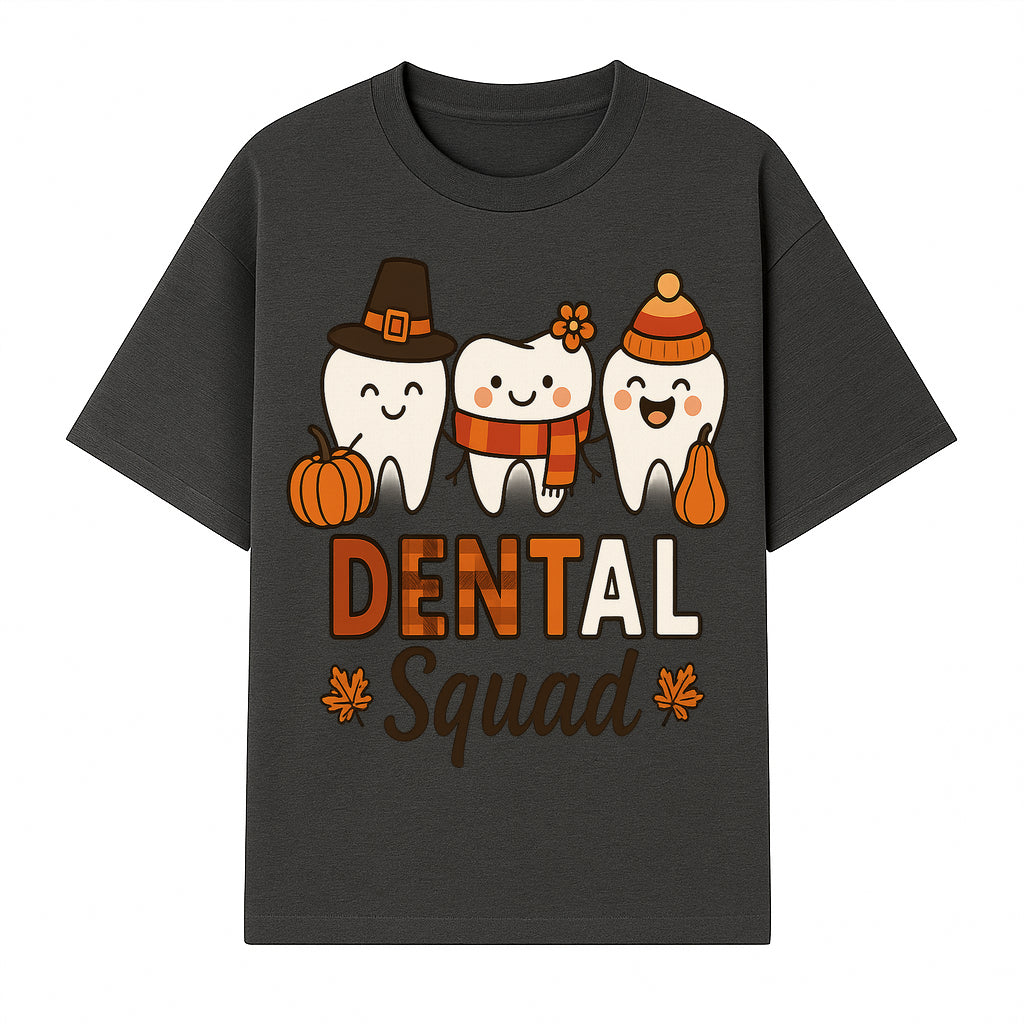 Cute Dental Squad Fall Design, Adorable Tooth Characters with Pumpkin, Autumn Themed, Kids Dental Health Awareness Art Print - T-shirt 1758250132619.jpg