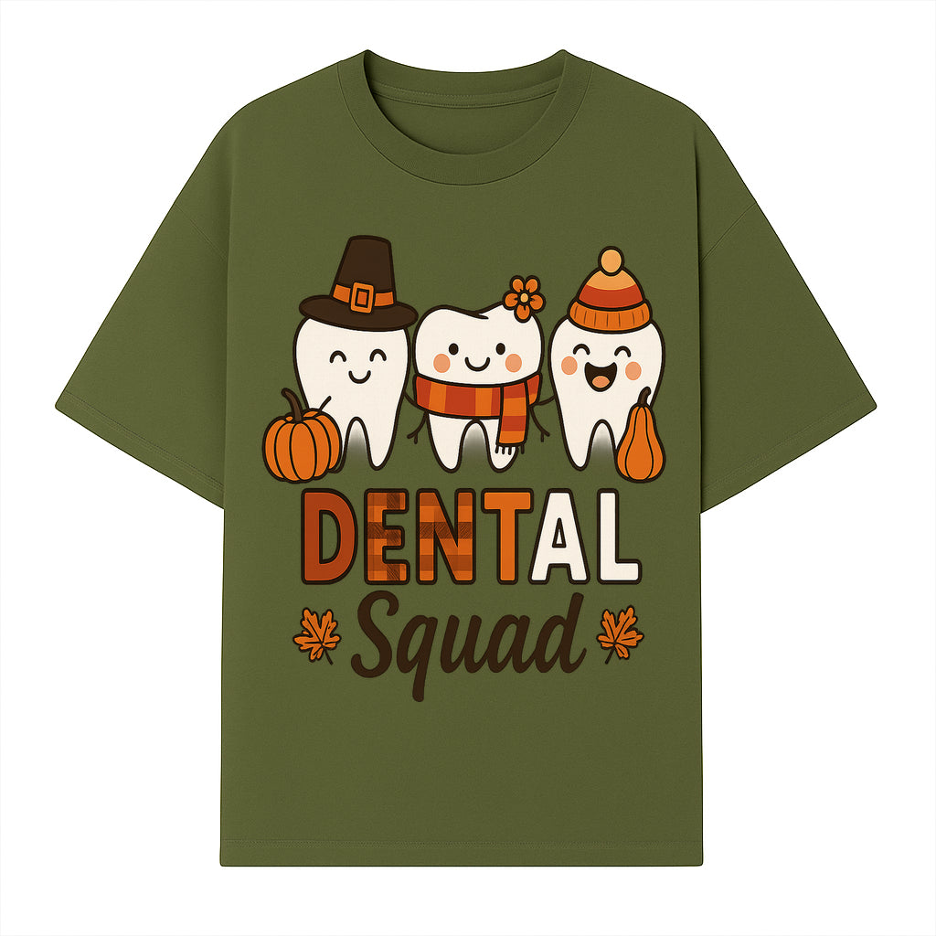 Cute Dental Squad Fall Design, Adorable Tooth Characters with Pumpkin, Autumn Themed, Kids Dental Health Awareness Art Print - T-shirt 1758250132723.jpg