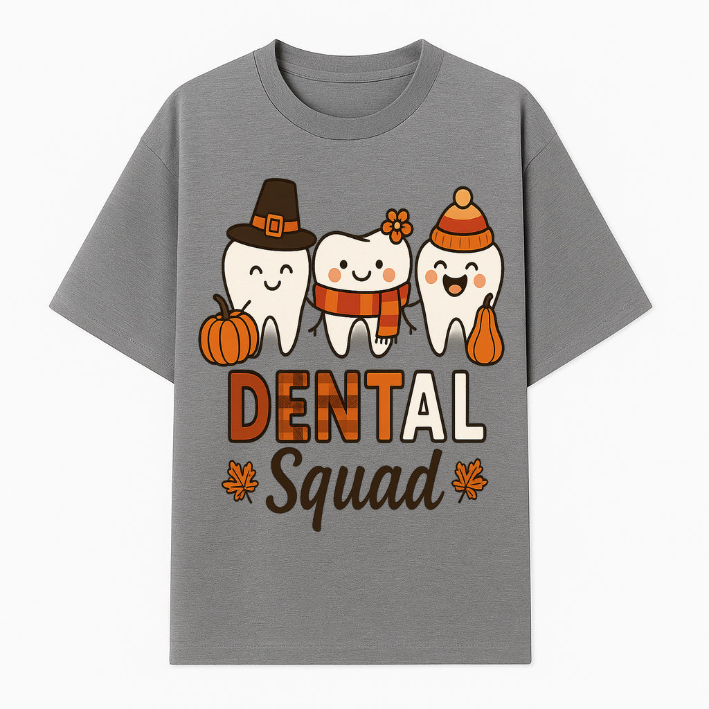 Cute Dental Squad Fall Design, Adorable Tooth Characters with Pumpkin, Autumn Themed, Kids Dental Health Awareness Art Print - T-shirt 1758250132863.jpg