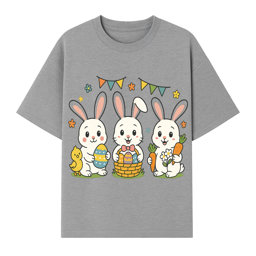 Easter Bunny Celebration Art Print | Cute Bunnies with Eggs, Carrots & Chick | Spring Holiday Decor for Kids' Rooms - T-shirt 1758250132894.jpg