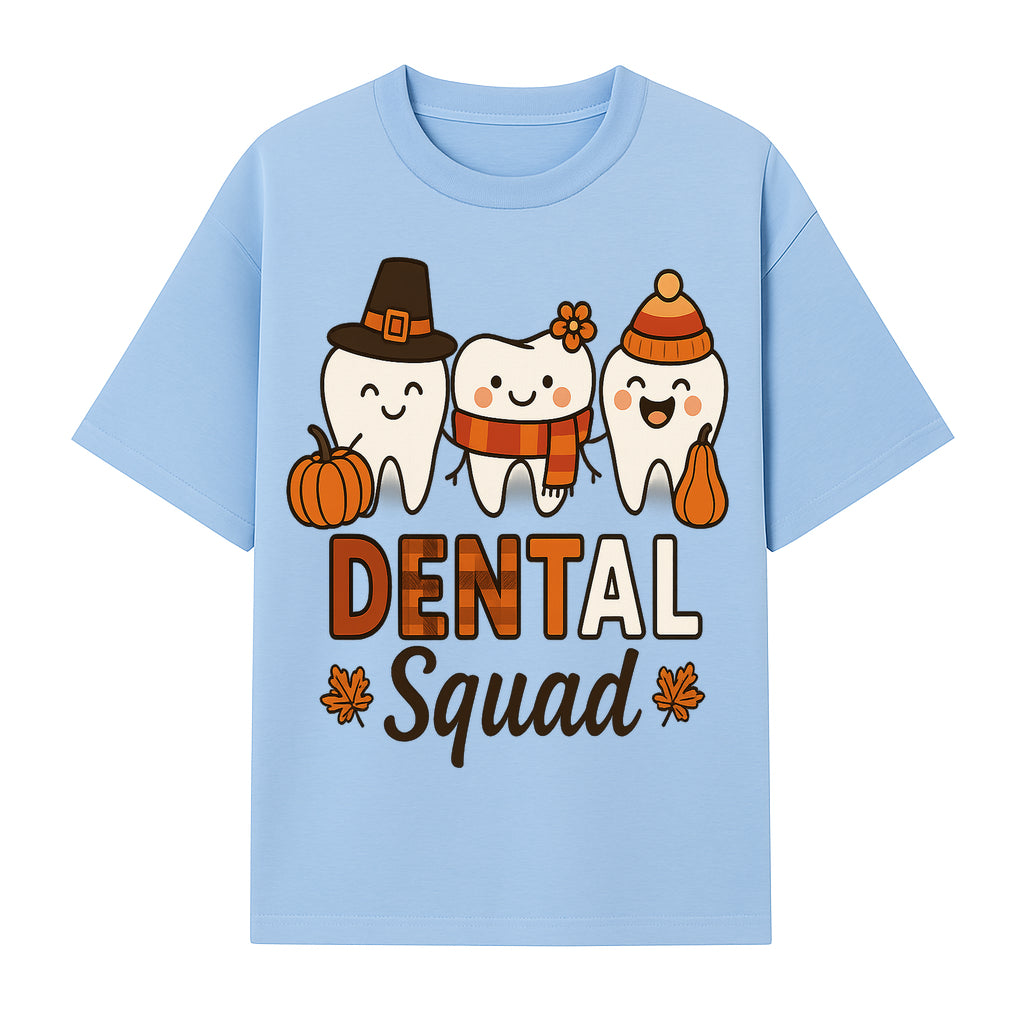Cute Dental Squad Fall Design, Adorable Tooth Characters with Pumpkin, Autumn Themed, Kids Dental Health Awareness Art Print - T-shirt 1758250133026.jpg