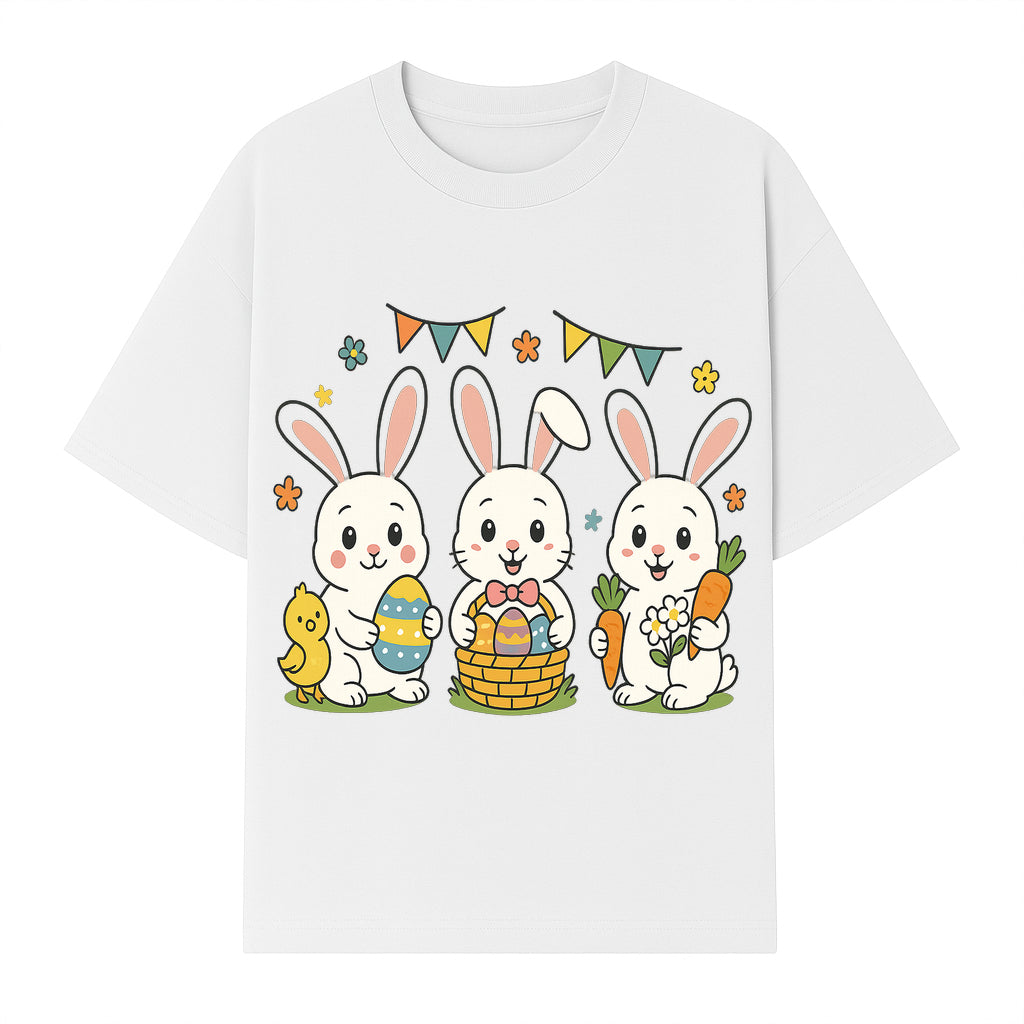 Easter Bunny Celebration Art Print | Cute Bunnies with Eggs, Carrots & Chick | Spring Holiday Decor for Kids' Rooms - T-shirt 1758250133038.jpg