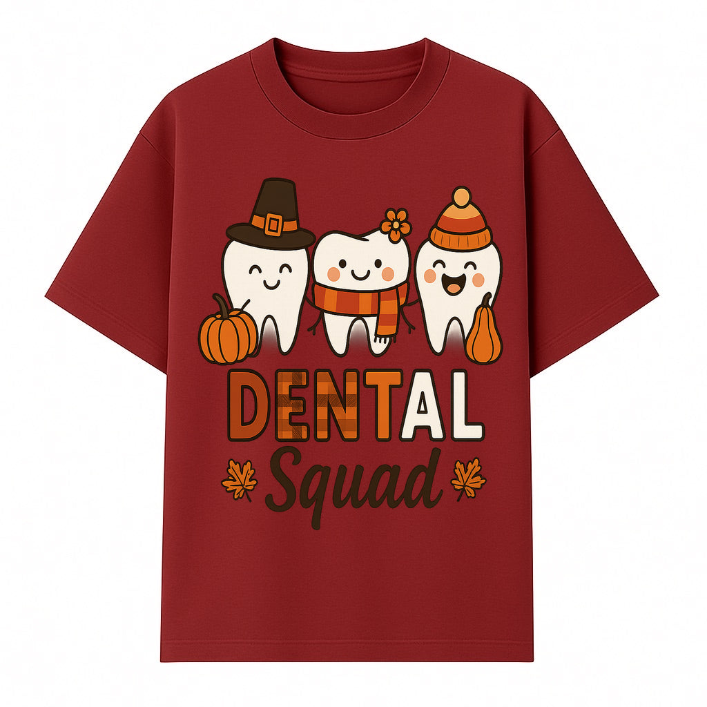 Cute Dental Squad Fall Design, Adorable Tooth Characters with Pumpkin, Autumn Themed, Kids Dental Health Awareness Art Print - T-shirt 1758250133343.jpg