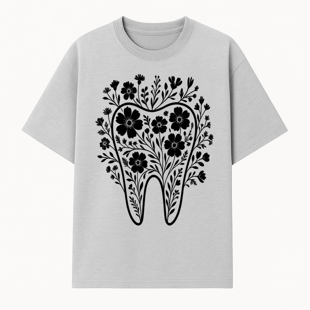 Floral Tooth Design Art Print - Black and White Graphic Decor for Dental Offices, Home, or Gifts - T-shirt 1758250133352.jpg