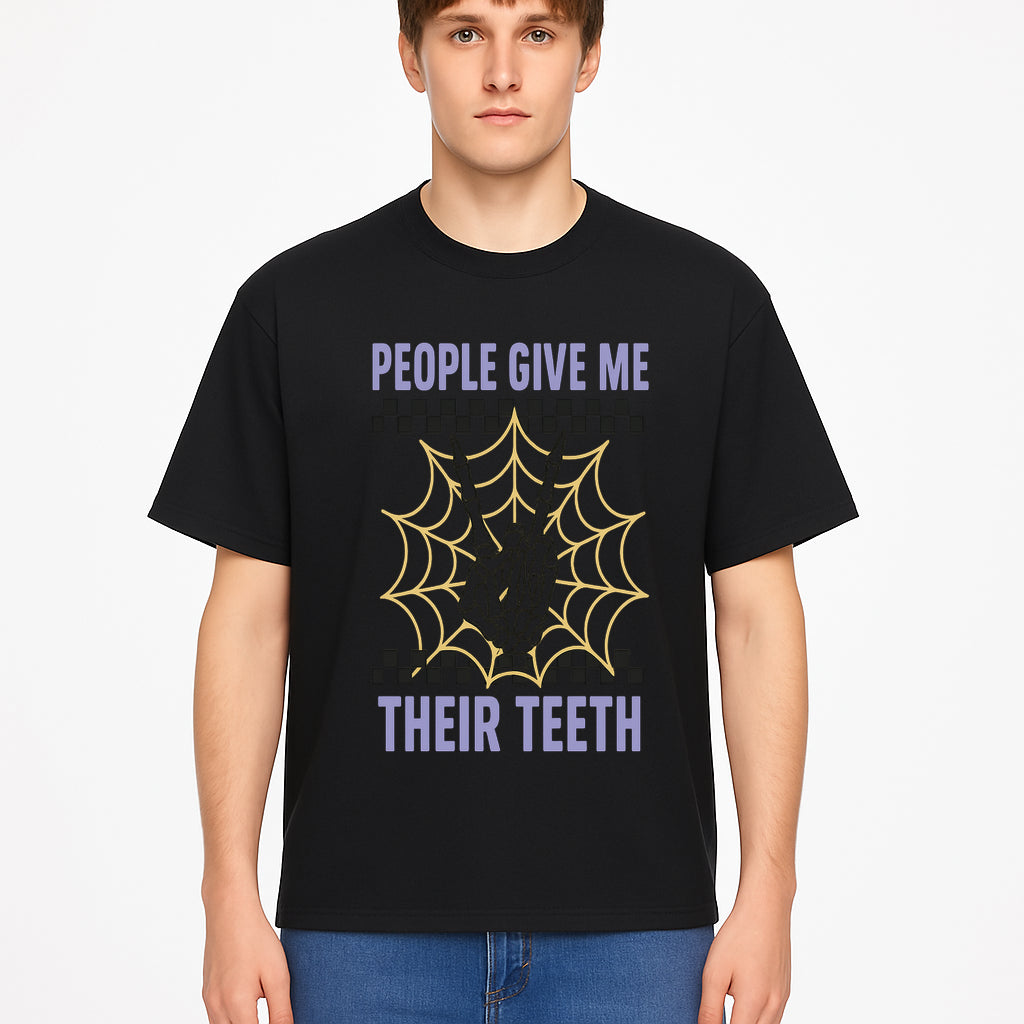 Spooky Skeleton Hand Art Print - 'People Give Me Their Teeth' Gothic Decor, Halloween Wall Art, Unique Gift Idea - T-shirt 1758250133430.jpg