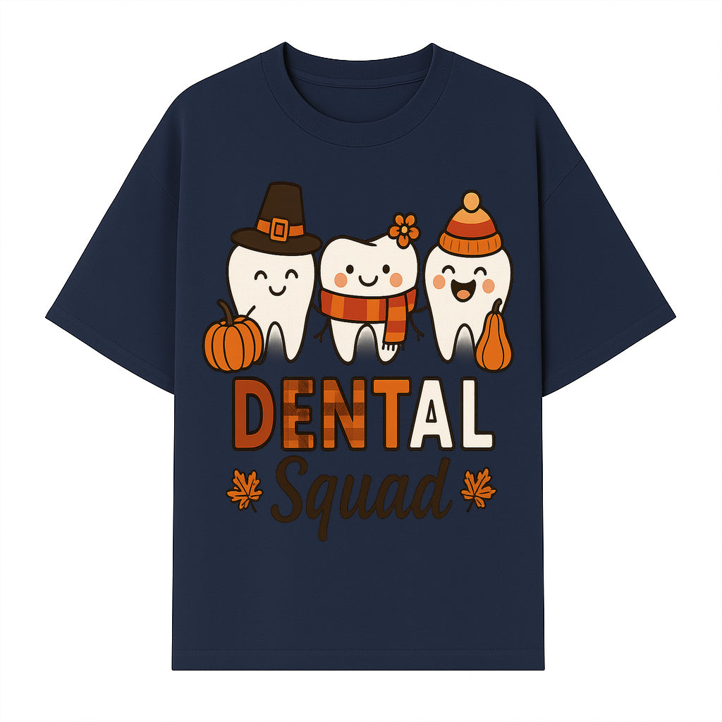 Cute Dental Squad Fall Design, Adorable Tooth Characters with Pumpkin, Autumn Themed, Kids Dental Health Awareness Art Print - T-shirt 1758250133481.jpg
