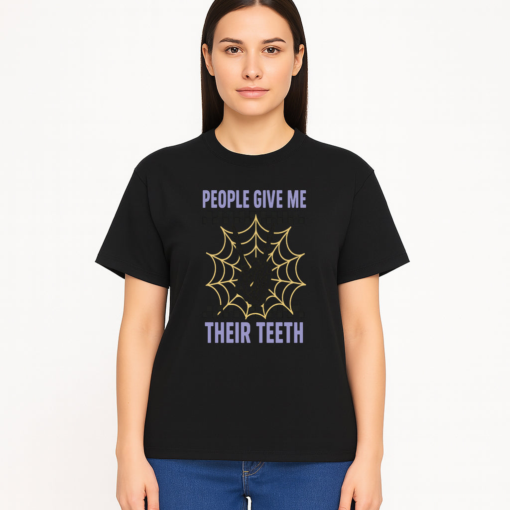 Spooky Skeleton Hand Art Print - 'People Give Me Their Teeth' Gothic Decor, Halloween Wall Art, Unique Gift Idea - T-shirt 1758250133597.jpg