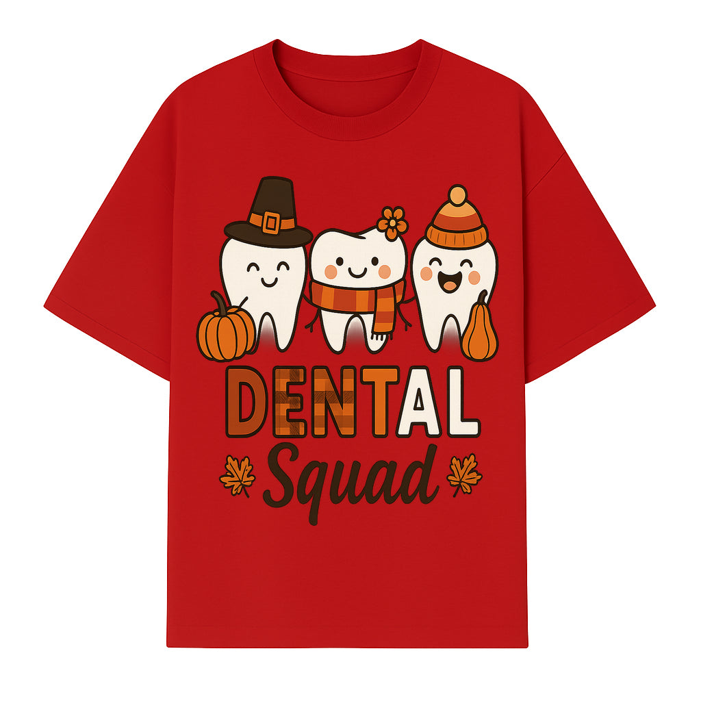 Cute Dental Squad Fall Design, Adorable Tooth Characters with Pumpkin, Autumn Themed, Kids Dental Health Awareness Art Print - T-shirt 1758250133640.jpg
