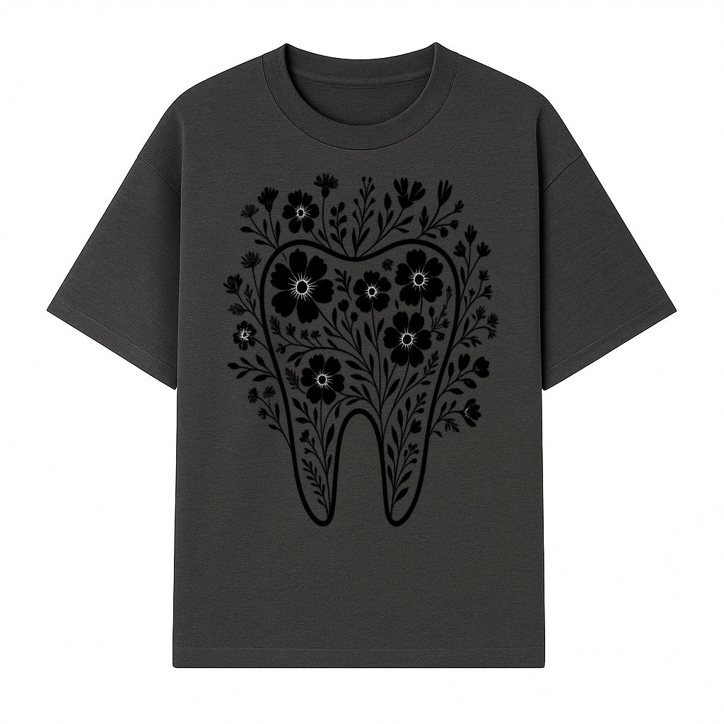Floral Tooth Design Art Print - Black and White Graphic Decor for Dental Offices, Home, or Gifts - T-shirt 1758250133713.jpg