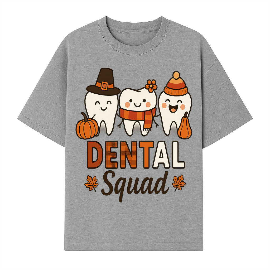 Cute Dental Squad Fall Design, Adorable Tooth Characters with Pumpkin, Autumn Themed, Kids Dental Health Awareness Art Print - T-shirt 1758250133817.jpg