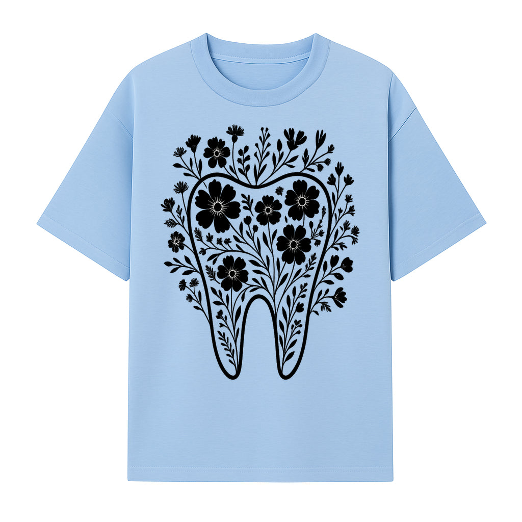 Floral Tooth Design Art Print - Black and White Graphic Decor for Dental Offices, Home, or Gifts - T-shirt 1758250134134.jpg