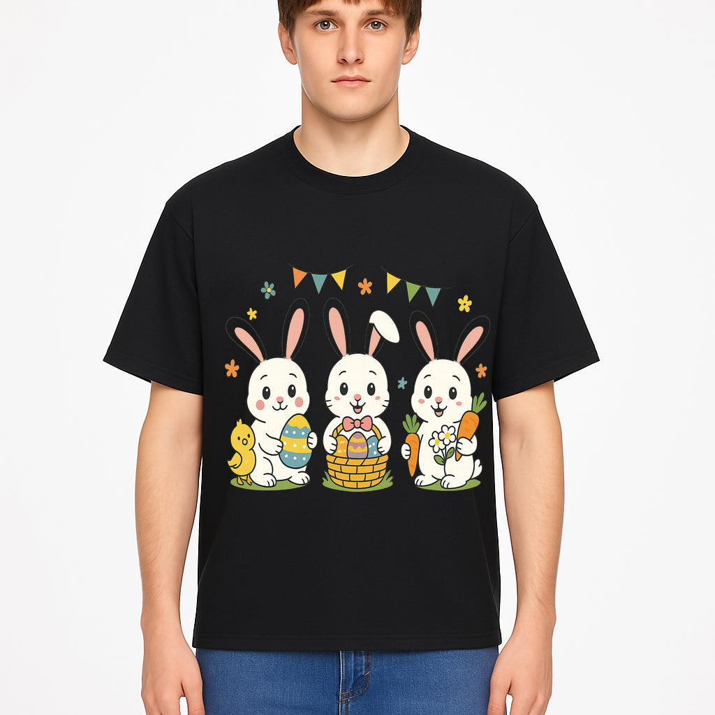 Easter Bunny Celebration Art Print | Cute Bunnies with Eggs, Carrots & Chick | Spring Holiday Decor for Kids' Rooms - T-shirt 1758250134200.jpg