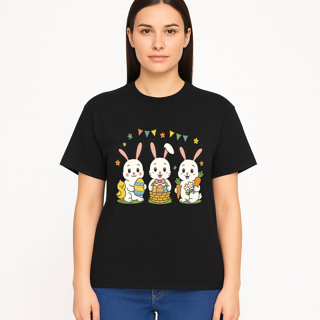Easter Bunny Celebration Art Print | Cute Bunnies with Eggs, Carrots & Chick | Spring Holiday Decor for Kids' Rooms - T-shirt 1758250134324.jpg