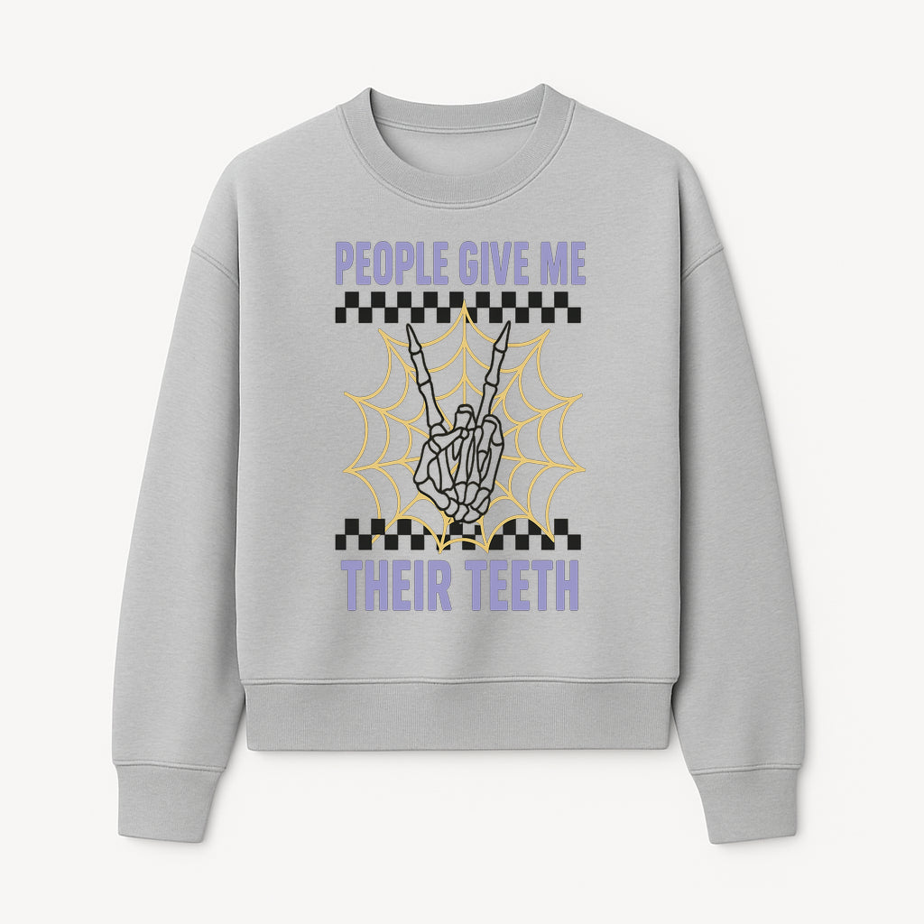 Spooky Skeleton Hand Art Print - 'People Give Me Their Teeth' Gothic Decor, Halloween Wall Art, Unique Gift Idea - Sweatshirt 1758250134389.jpg