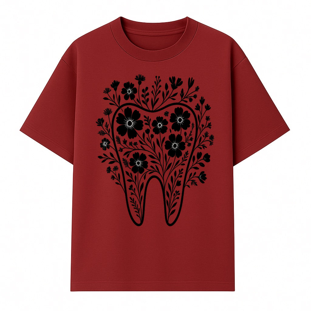Floral Tooth Design Art Print - Black and White Graphic Decor for Dental Offices, Home, or Gifts - T-shirt 1758250134512.jpg