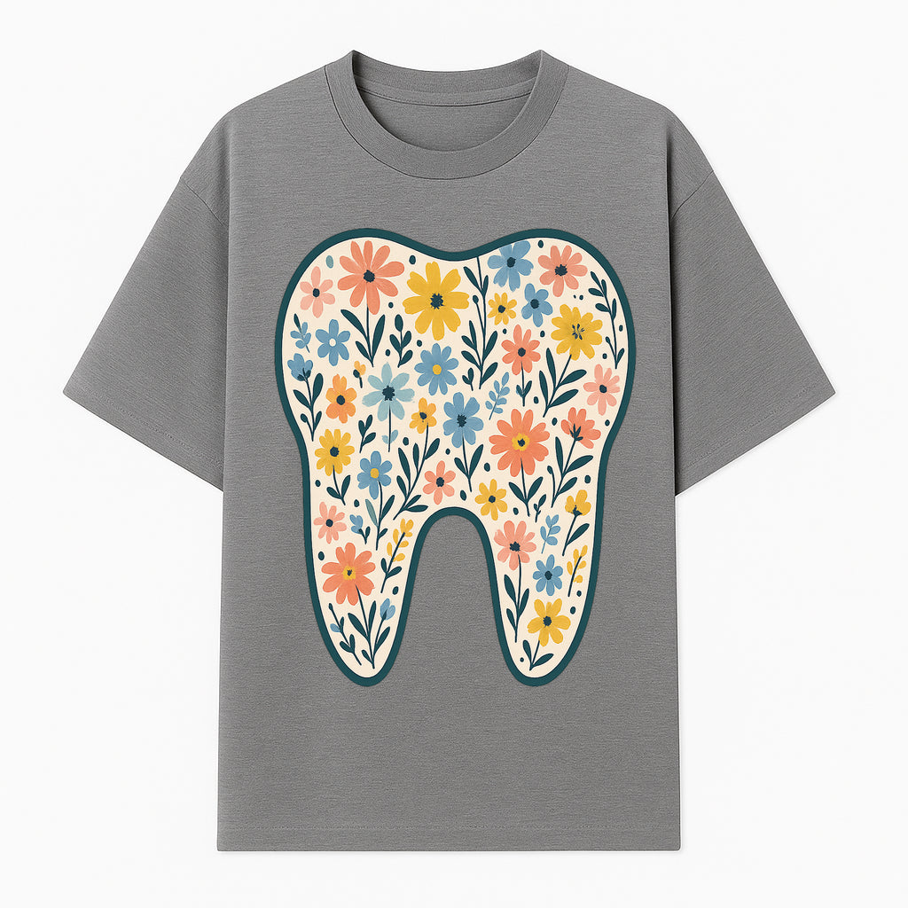 Floral Tooth Print Art | Colorful Dental Decor | Cute Illustration for Kids | Nursery Wall Art | Dentist Office Decor - T-shirt 1758250134653.jpg