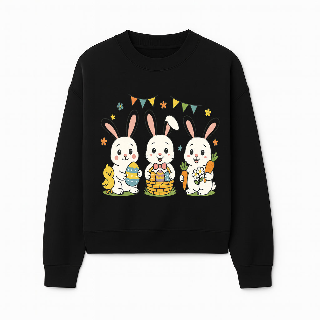 Easter Bunny Celebration Art Print | Cute Bunnies with Eggs, Carrots & Chick | Spring Holiday Decor for Kids' Rooms - Sweatshirt 1758250134662.jpg