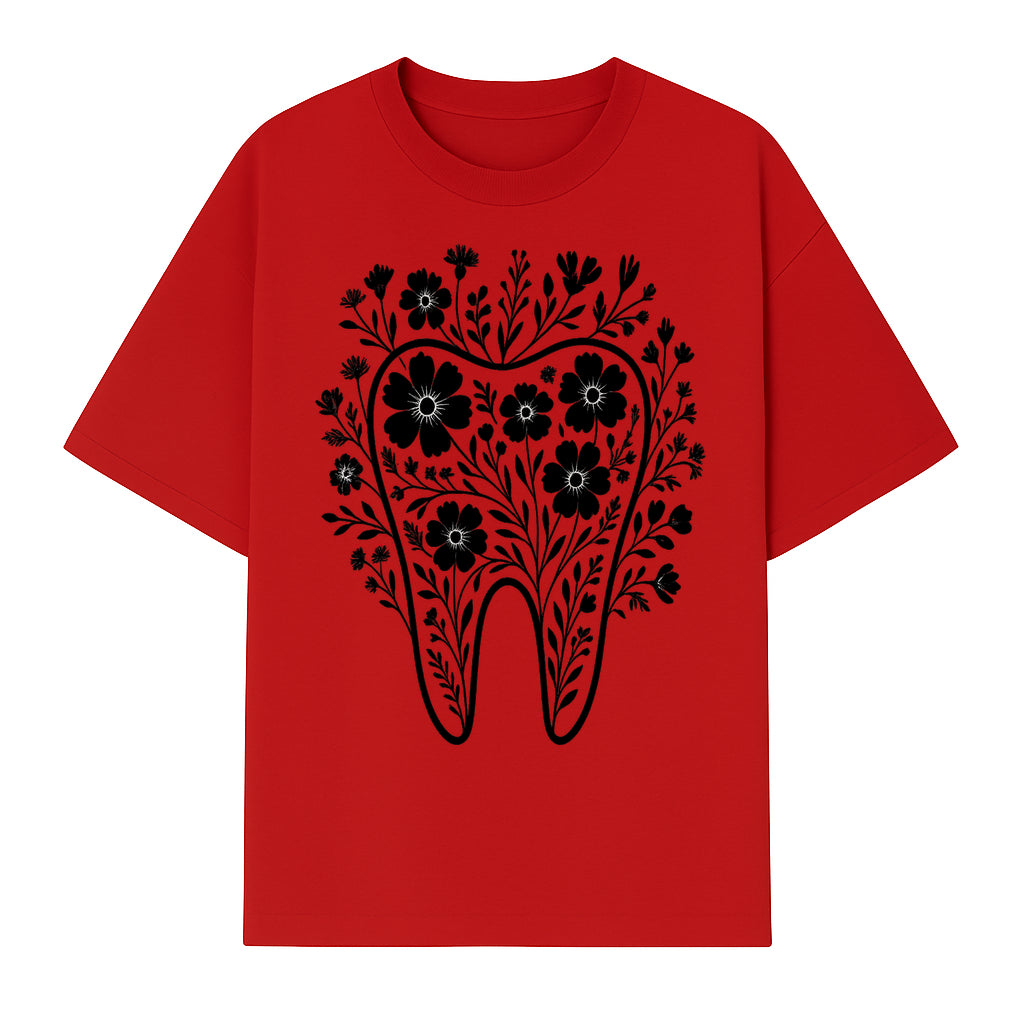 Floral Tooth Design Art Print - Black and White Graphic Decor for Dental Offices, Home, or Gifts - T-shirt 1758250134785.jpg