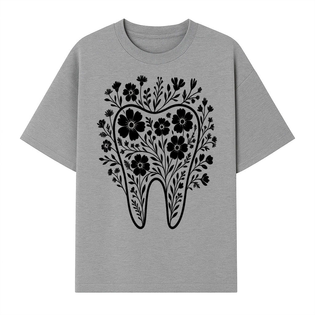 Floral Tooth Design Art Print - Black and White Graphic Decor for Dental Offices, Home, or Gifts - T-shirt 1758250134904.jpg