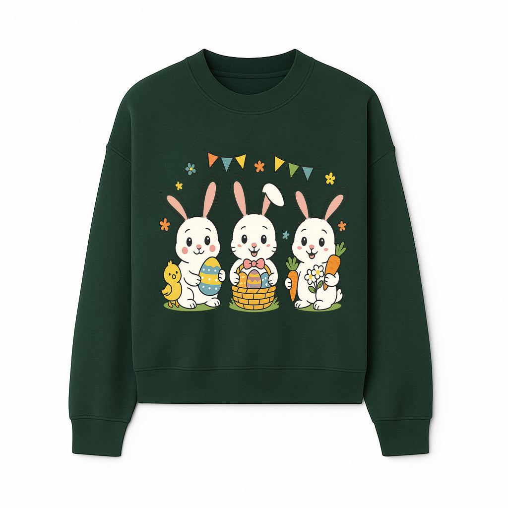 Easter Bunny Celebration Art Print | Cute Bunnies with Eggs, Carrots & Chick | Spring Holiday Decor for Kids' Rooms - Sweatshirt 1758250134986.jpg