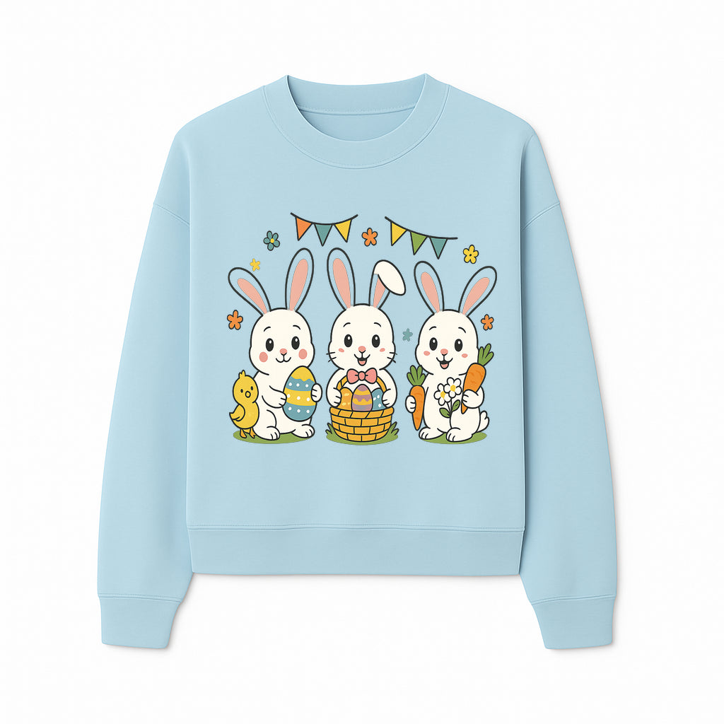 Easter Bunny Celebration Art Print | Cute Bunnies with Eggs, Carrots & Chick | Spring Holiday Decor for Kids' Rooms - Sweatshirt 1758250135292.jpg