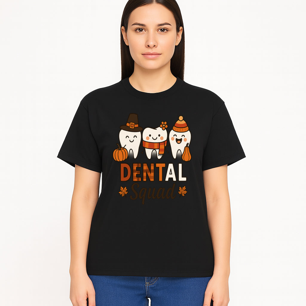 Cute Dental Squad Fall Design, Adorable Tooth Characters with Pumpkin, Autumn Themed, Kids Dental Health Awareness Art Print - T-shirt 1758250135299.jpg