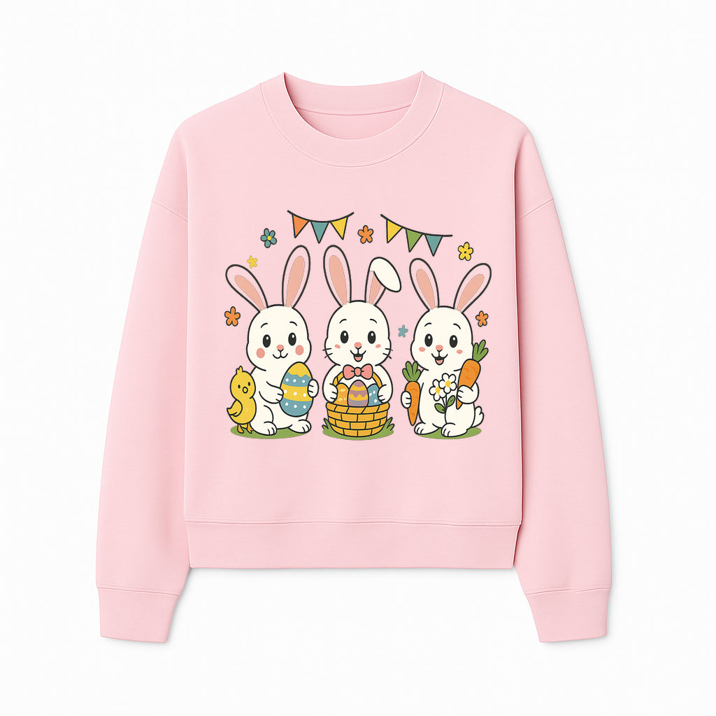 Easter Bunny Celebration Art Print | Cute Bunnies with Eggs, Carrots & Chick | Spring Holiday Decor for Kids' Rooms - Sweatshirt 1758250135447.jpg