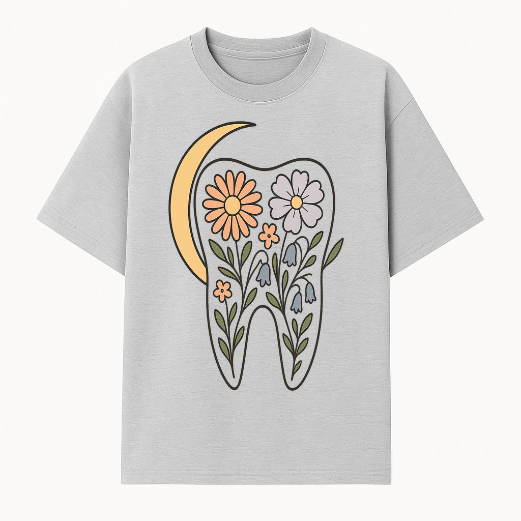 Floral Tooth Illustration with Moon Design - Vintage Style Dental Art Print for Home Decor and Gift - T-shirt 1758250135467.jpg