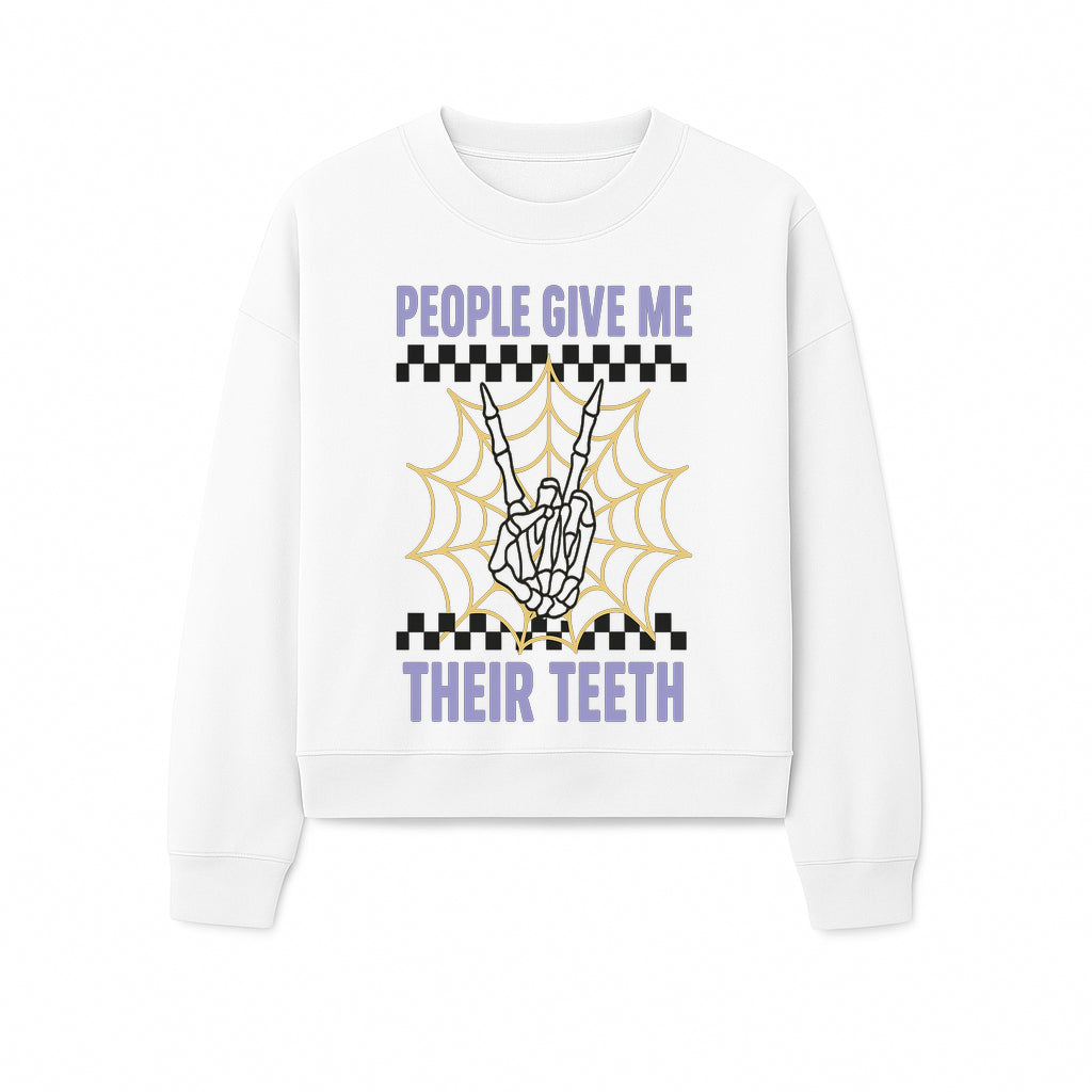 Spooky Skeleton Hand Art Print - 'People Give Me Their Teeth' Gothic Decor, Halloween Wall Art, Unique Gift Idea - Sweatshirt 1758250135474.jpg