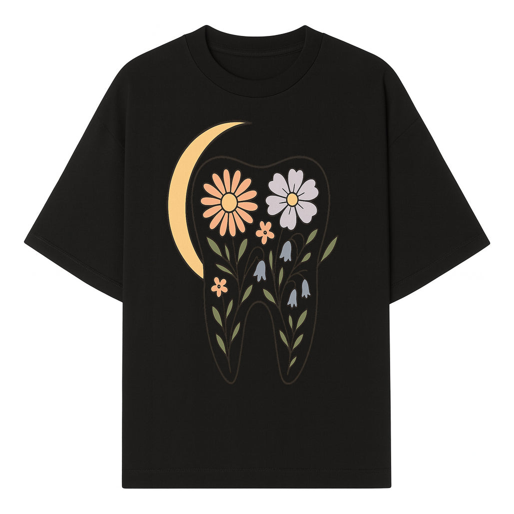 Floral Tooth Illustration with Moon Design - Vintage Style Dental Art Print for Home Decor and Gift - T-shirt 1758250135599.jpg