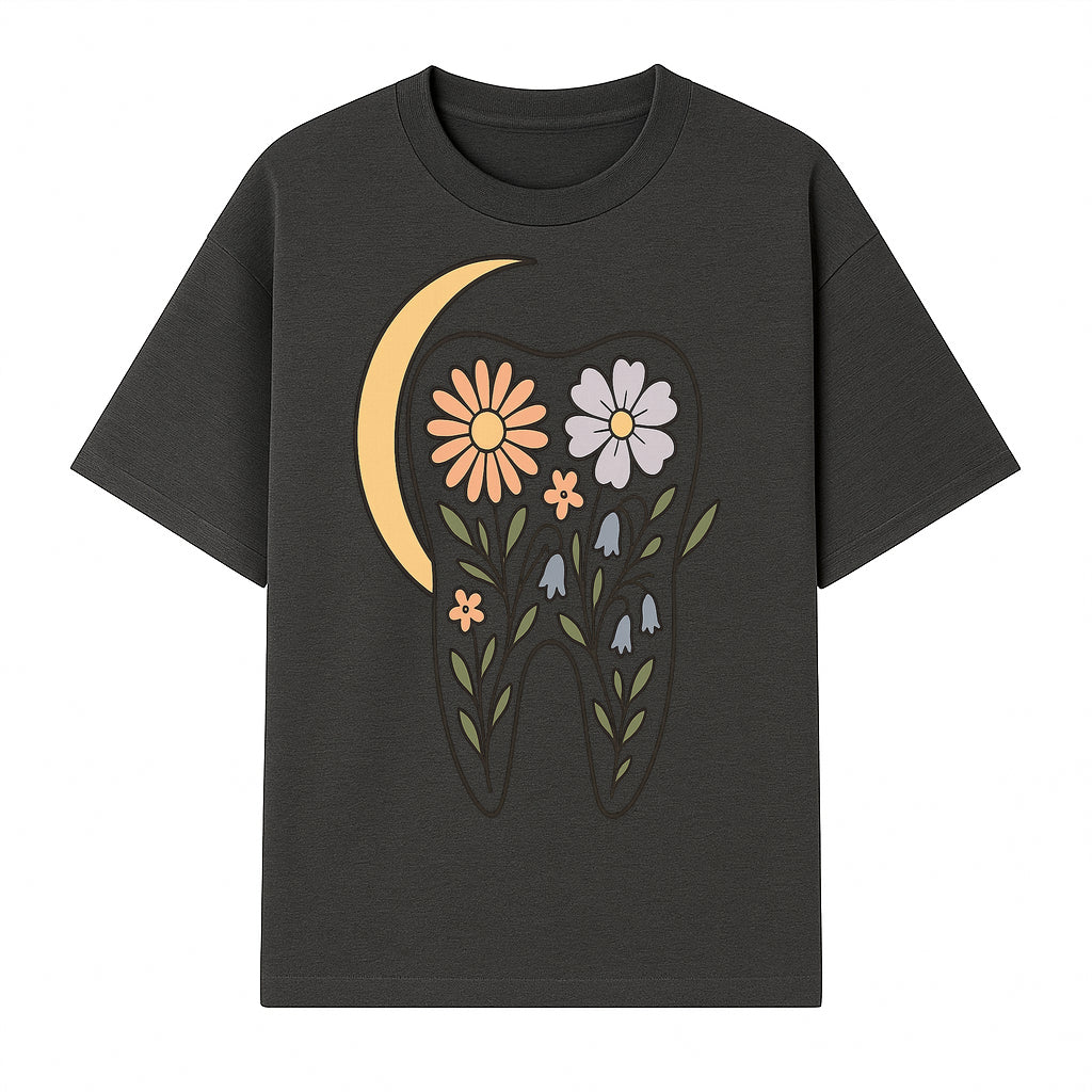 Floral Tooth Illustration with Moon Design - Vintage Style Dental Art Print for Home Decor and Gift - T-shirt 1758250135726.jpg