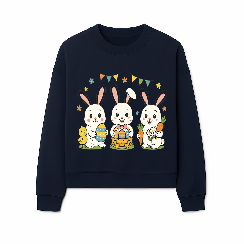 Easter Bunny Celebration Art Print | Cute Bunnies with Eggs, Carrots & Chick | Spring Holiday Decor for Kids' Rooms - Sweatshirt 1758250135765.jpg