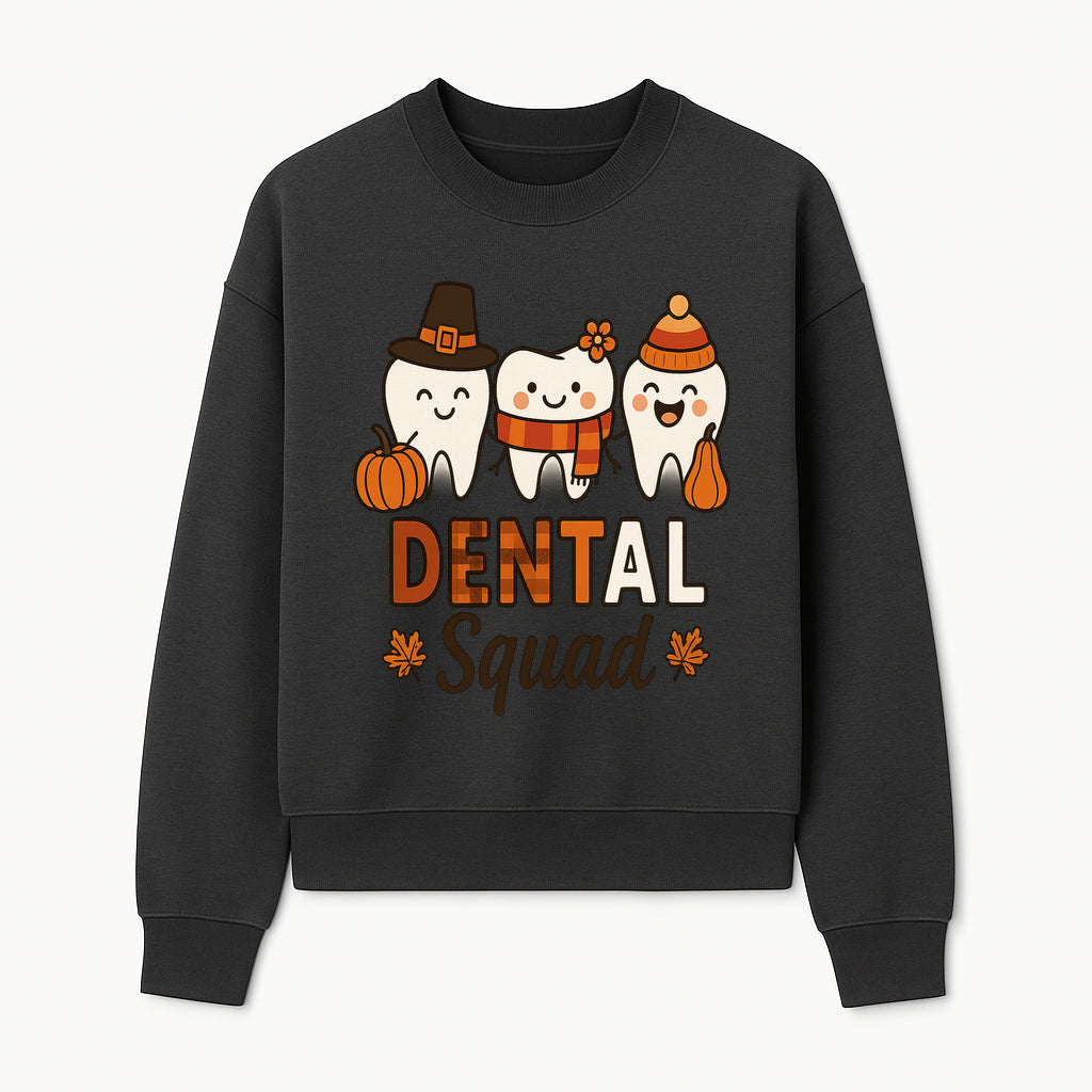 Cute Dental Squad Fall Design, Adorable Tooth Characters with Pumpkin, Autumn Themed, Kids Dental Health Awareness Art Print - Sweatshirt 1758250135834.jpg