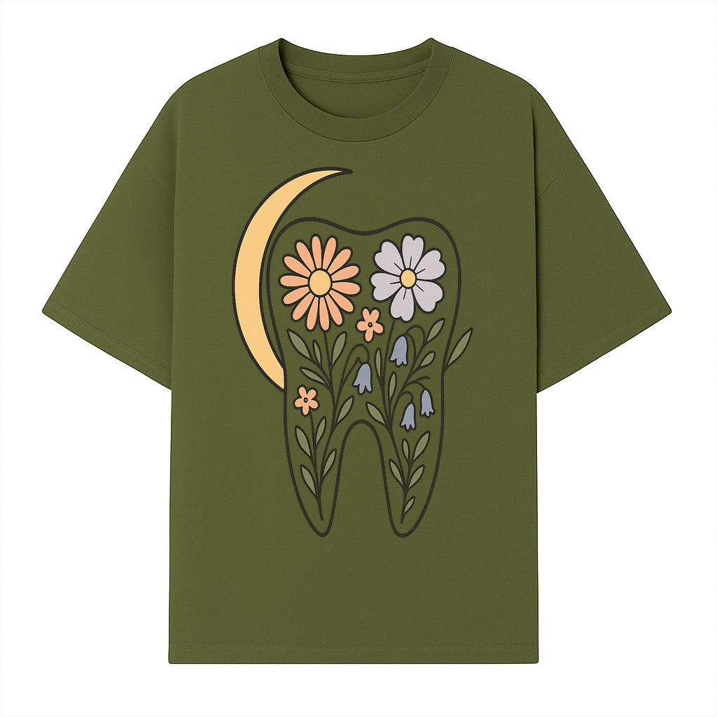 Floral Tooth Illustration with Moon Design - Vintage Style Dental Art Print for Home Decor and Gift - T-shirt 1758250135881.jpg
