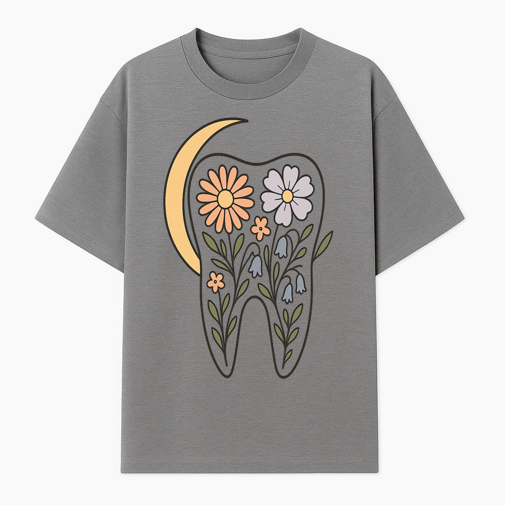 Floral Tooth Illustration with Moon Design - Vintage Style Dental Art Print for Home Decor and Gift - T-shirt 1758250136015.jpg