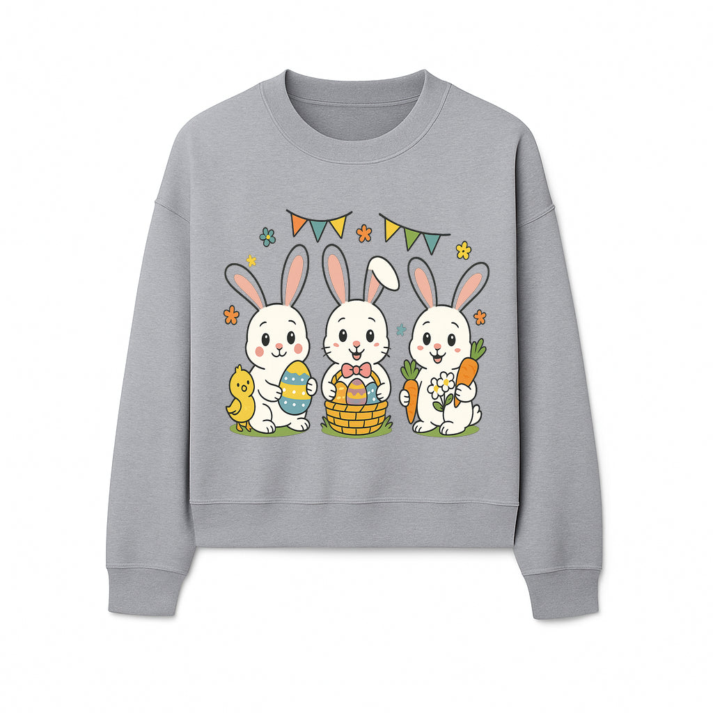 Easter Bunny Celebration Art Print | Cute Bunnies with Eggs, Carrots & Chick | Spring Holiday Decor for Kids' Rooms - Sweatshirt 1758250136097.jpg